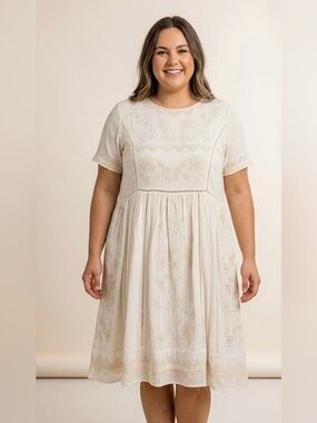 ROOLEE Ivory Cotton BOHO Embroidered Cottagecore Midi Dress Size L